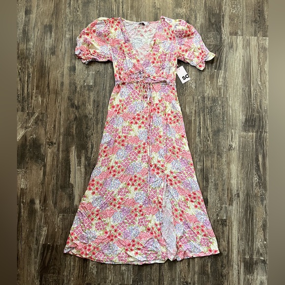 SO Fit and Flair Floral Cottagecore Dress With Slit Puff Sleeves Women’s Size S - Picture 2 of 14